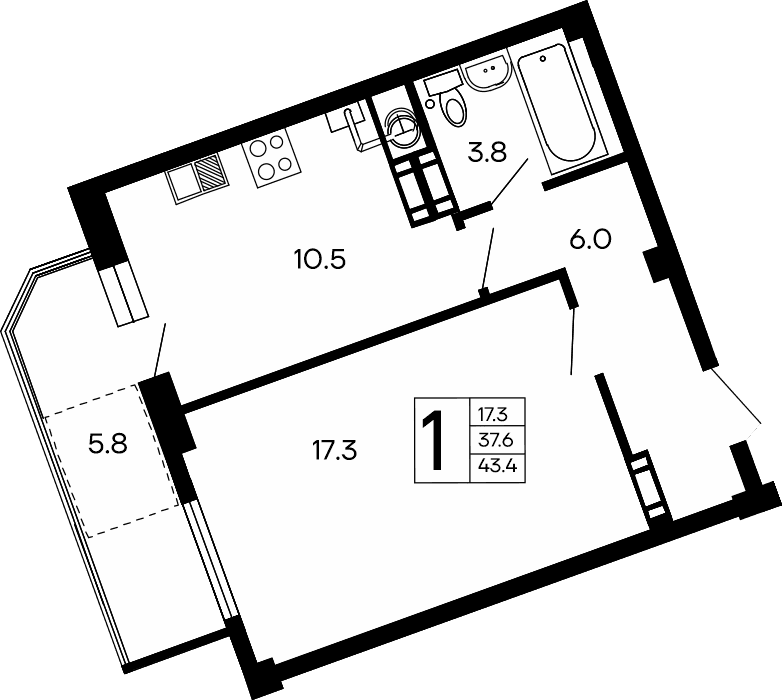1-к, 43.4 м² · Семейный