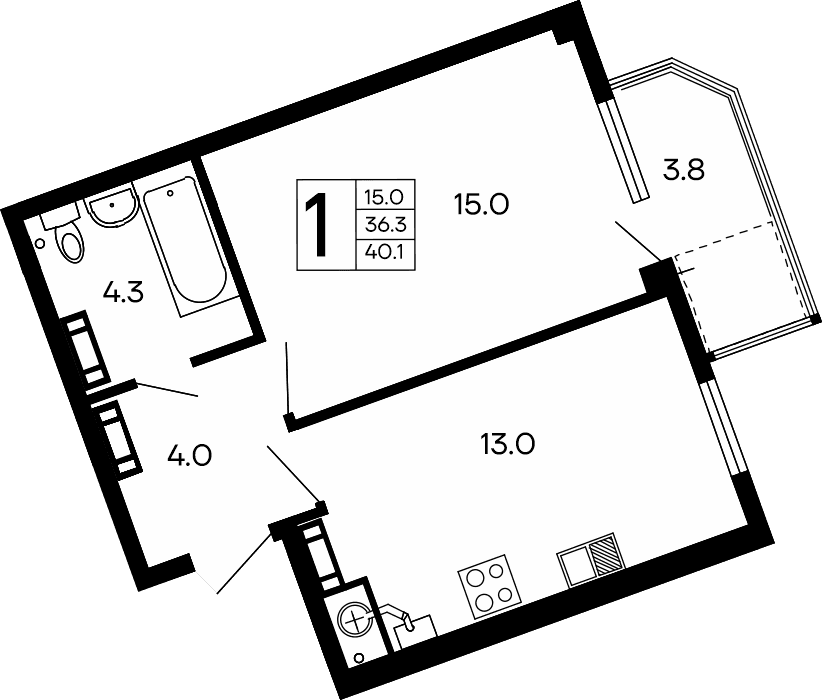 1-к, 40.1 м² · Семейный