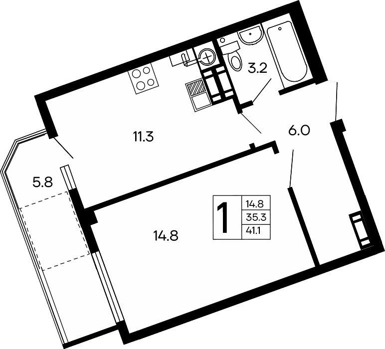 1-к, 41.1 м² · Семейный