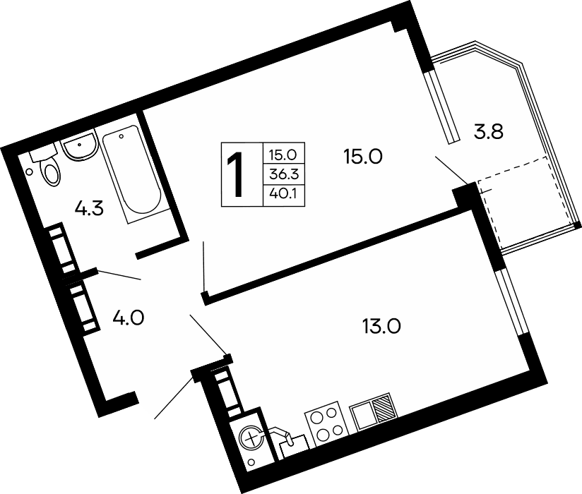 1-к, 40.1 м² · Семейный
