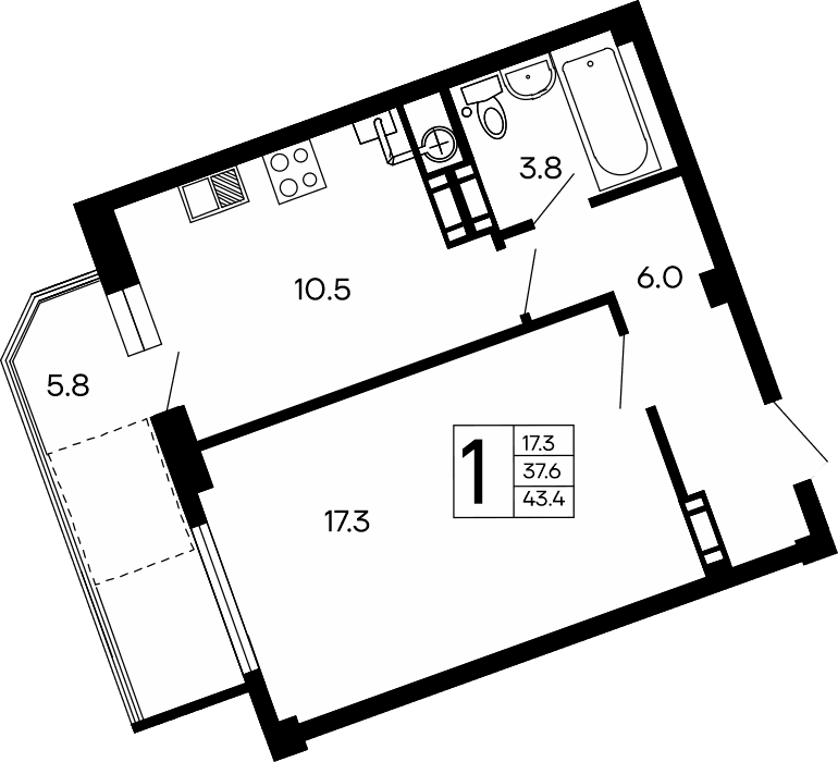 1-к, 43.4 м² · Семейный