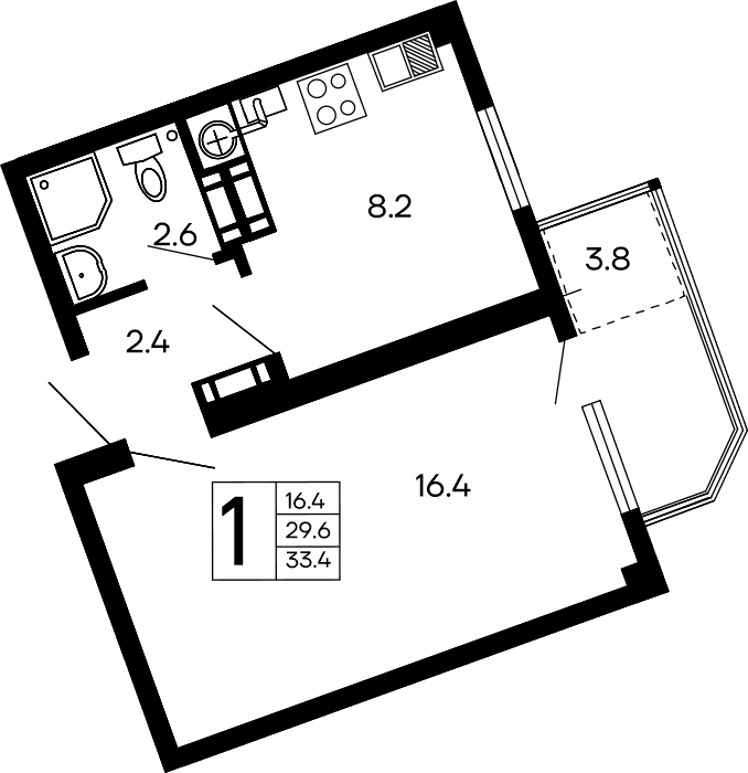 1-к, 33.4 м² · Семейный