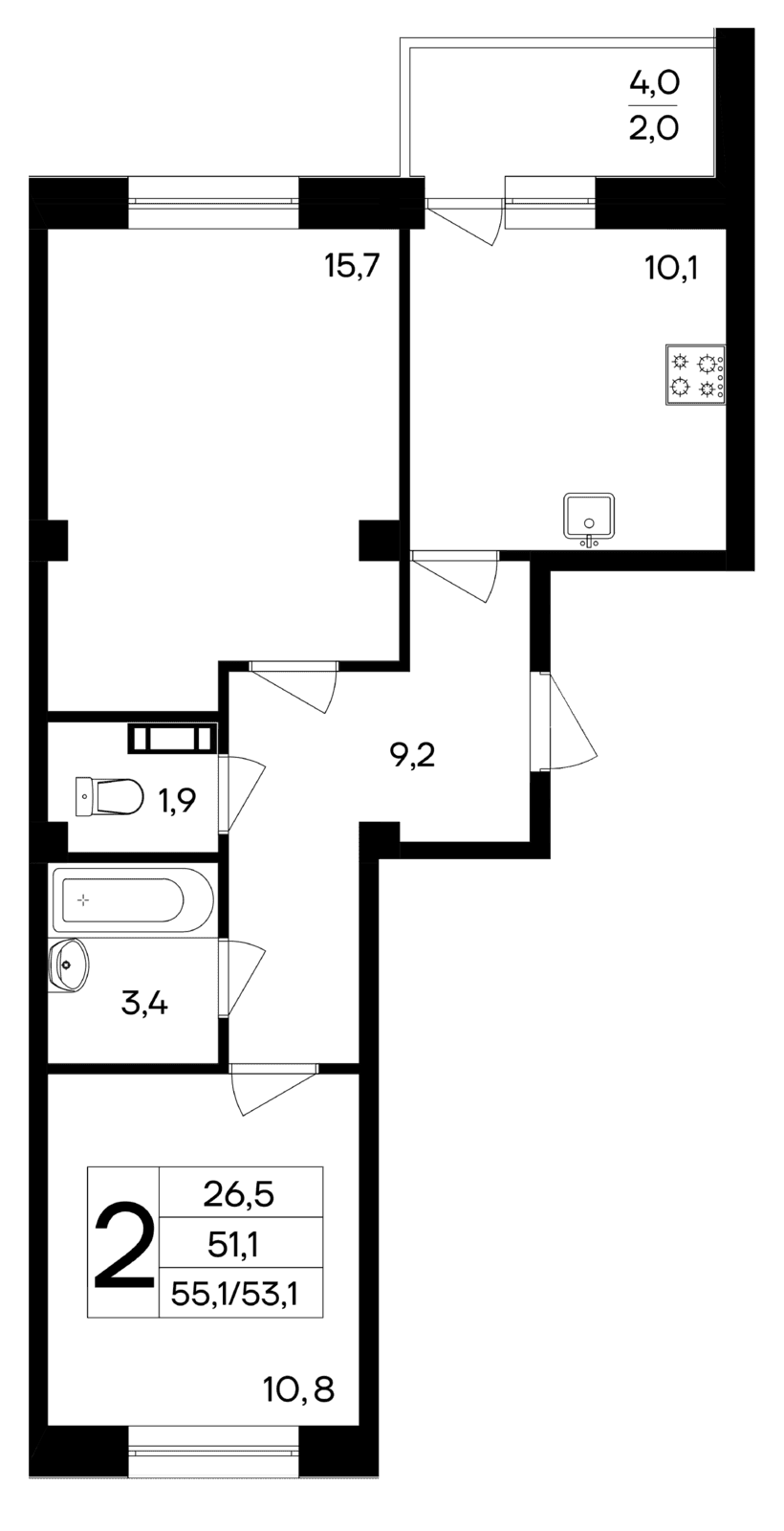 2-к, 55.1 м² · Ботаника