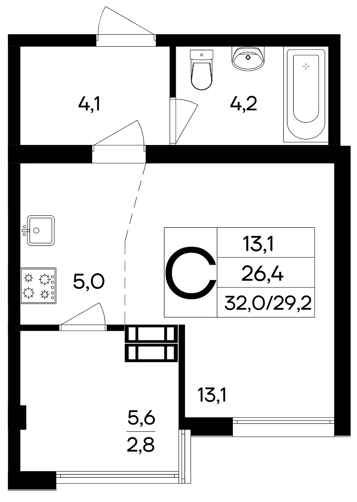 Студия, 32 м² · Ботаника