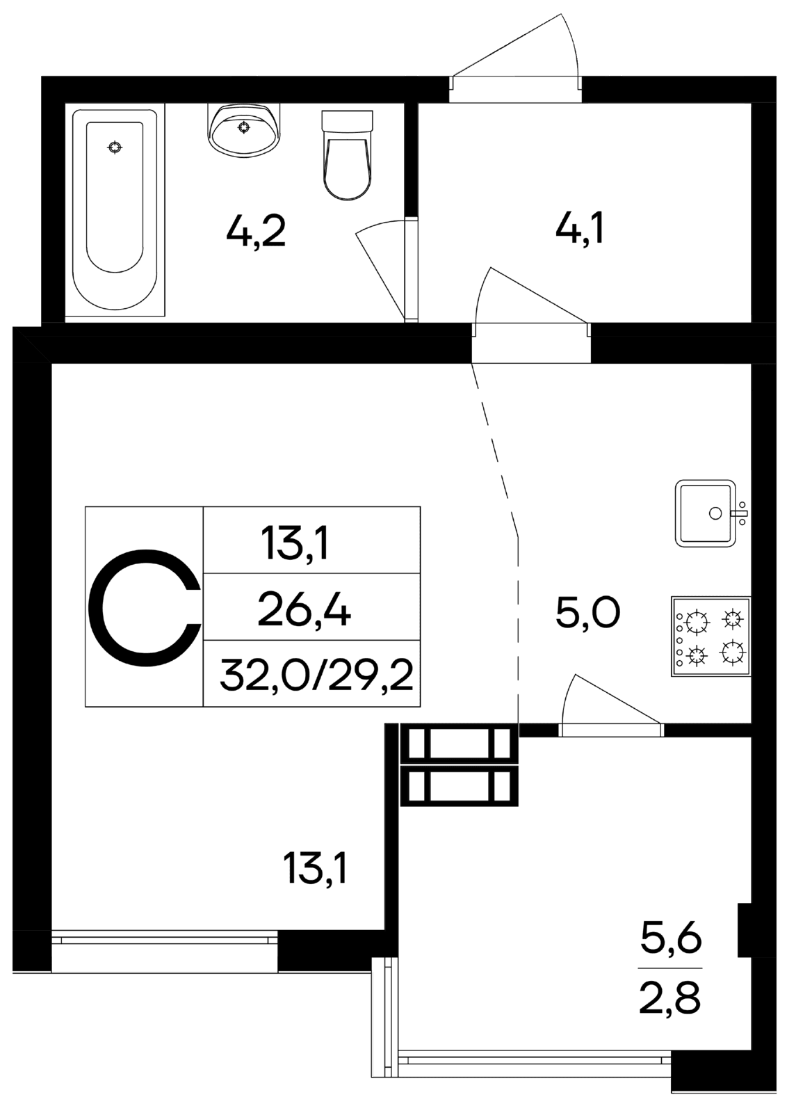 Студия, 32 м² · Ботаника