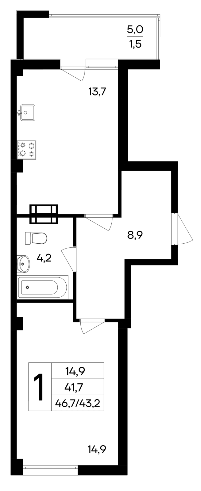 1-к, 46.7 м² · Ботаника