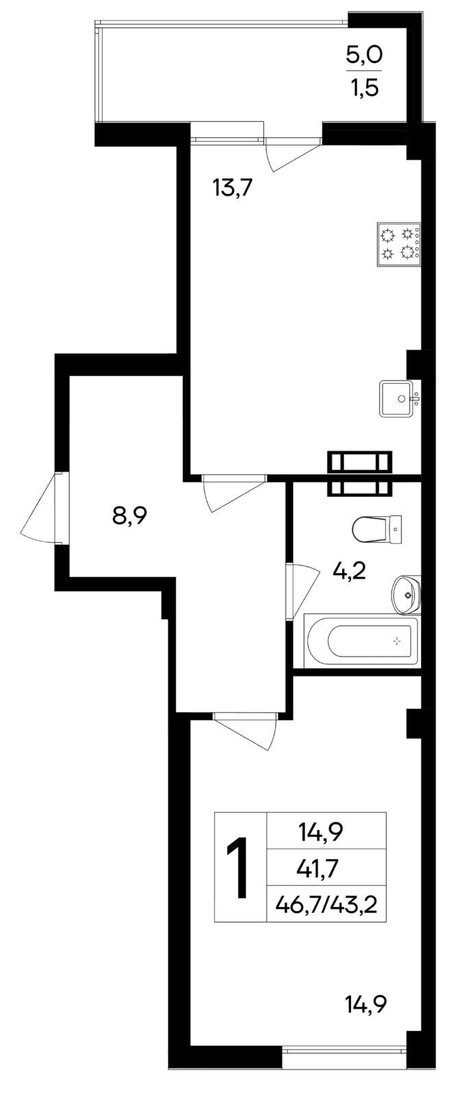 1-к, 46.7 м² · Ботаника