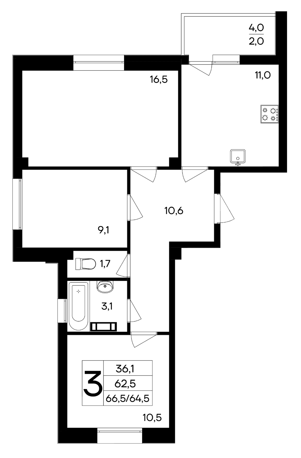 3-к, 66.5 м² · Ботаника