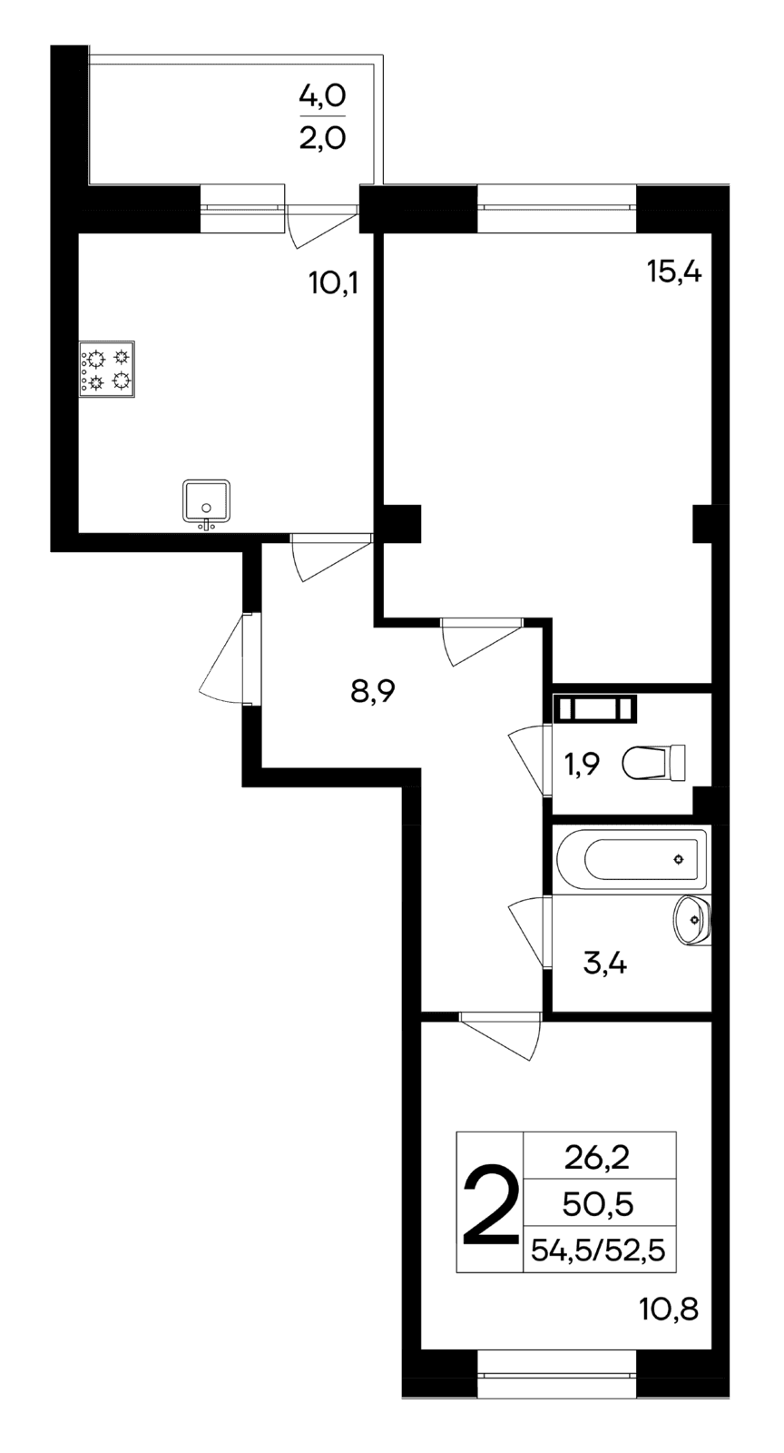 2-к, 54.5 м² · Ботаника