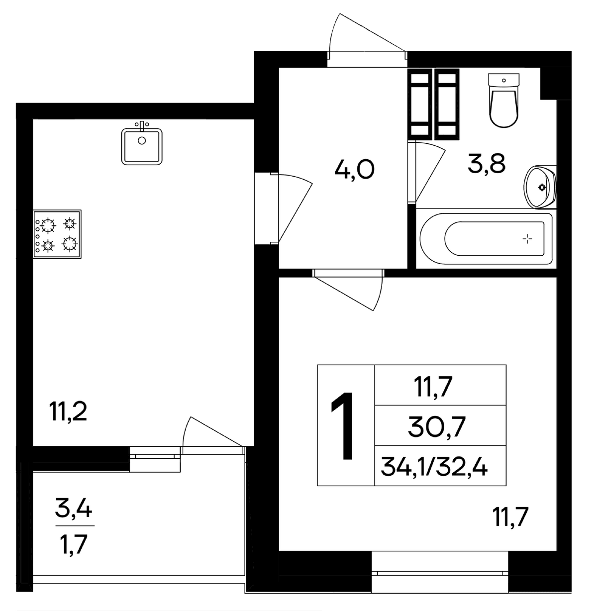1-к, 34.1 м² · Ботаника