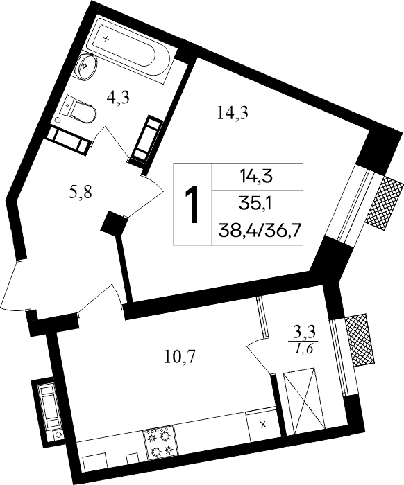 1-к, 38.4 м² · Маячная