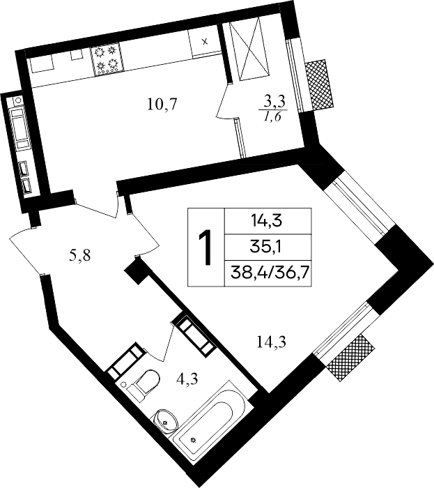 1-к, 38.4 м² · Маячная