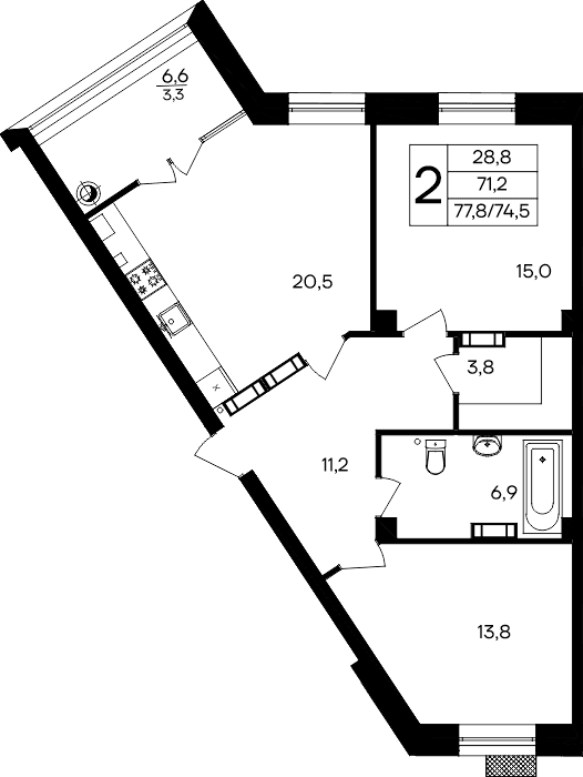 2-к, 77.8 м² · Маячная