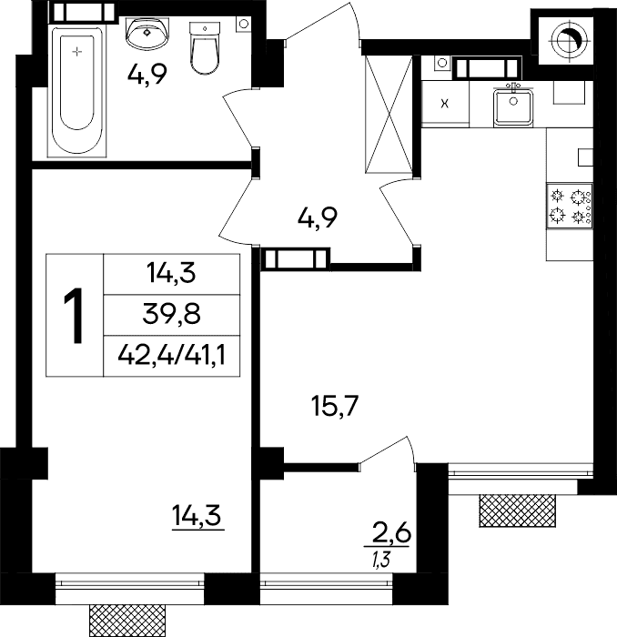 1-к, 42.4 м² · Маячная