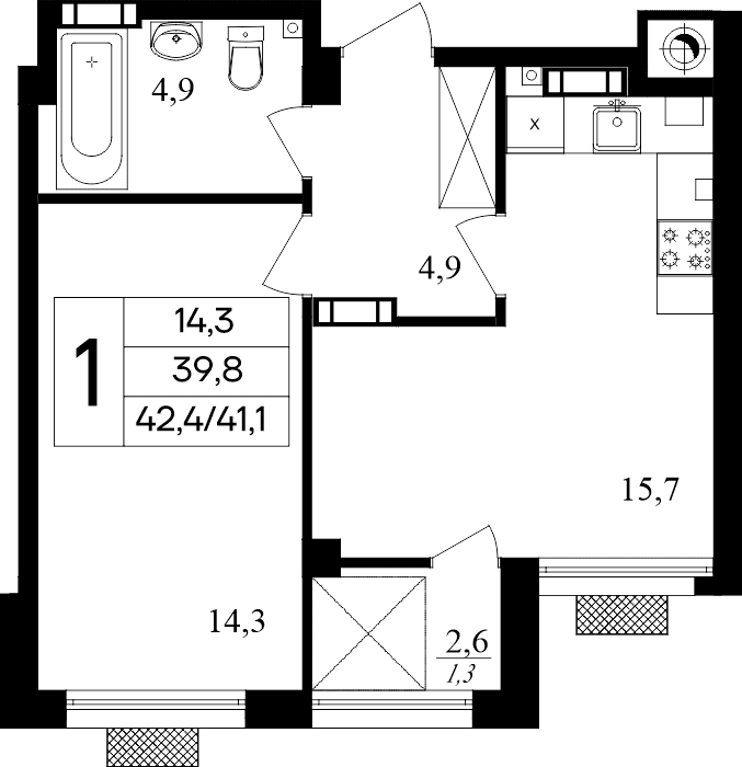 1-к, 42.4 м² · Маячная