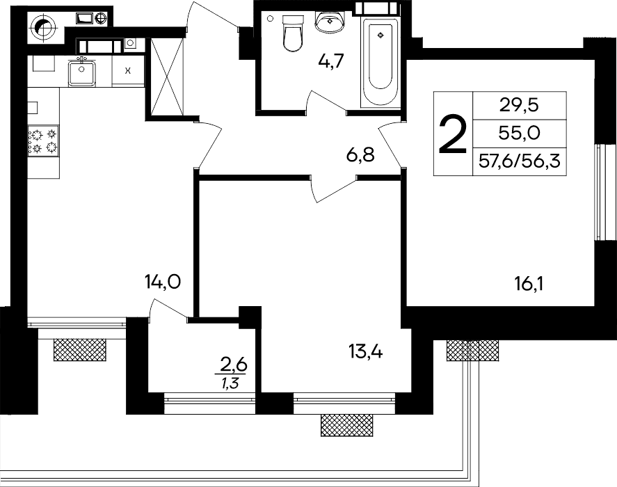 2-к, 57.6 м² · Маячная