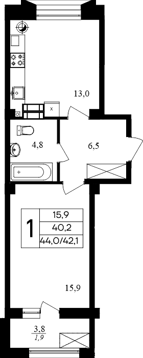 1-к, 44 м² · Маячная