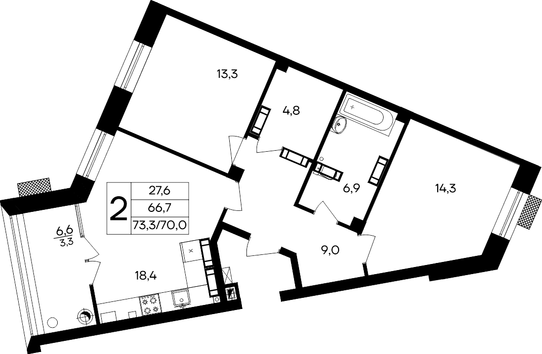 2-к, 73.3 м² · Маячная