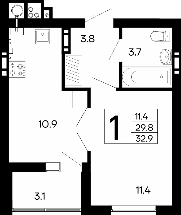 1-к, 32.9 м² · Утёсов
