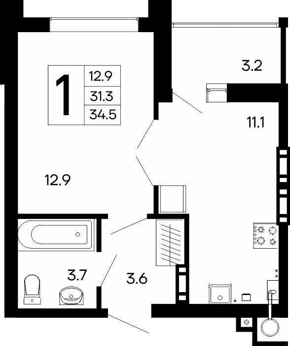 1-к, 34.5 м² · Утёсов