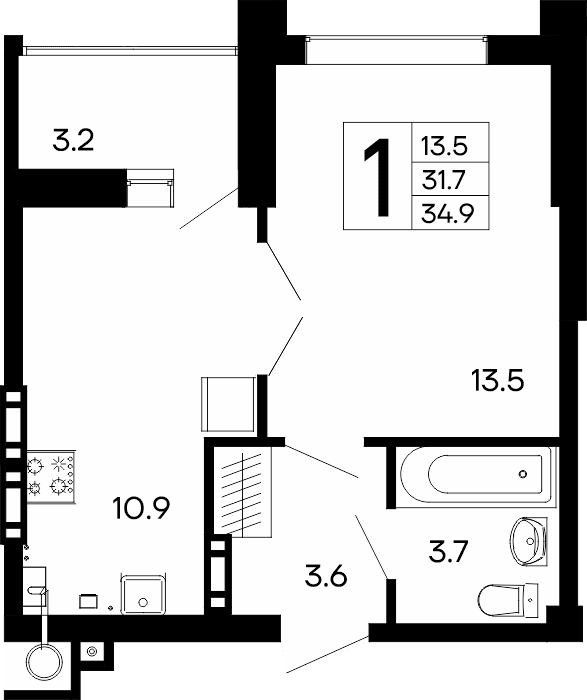 1-к, 34.9 м² · Утёсов