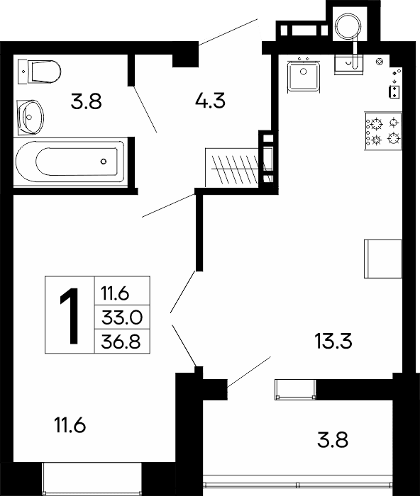 1-к, 36.8 м² · Утёсов