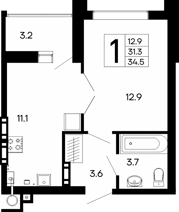 1-к, 34.5 м² · Утёсов