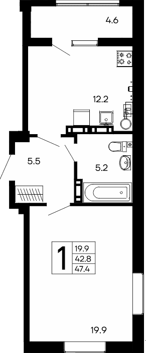 1-к, 47.4 м² · Утёсов