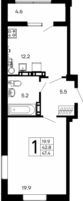 1-к, 47.4 м² · Утёсов