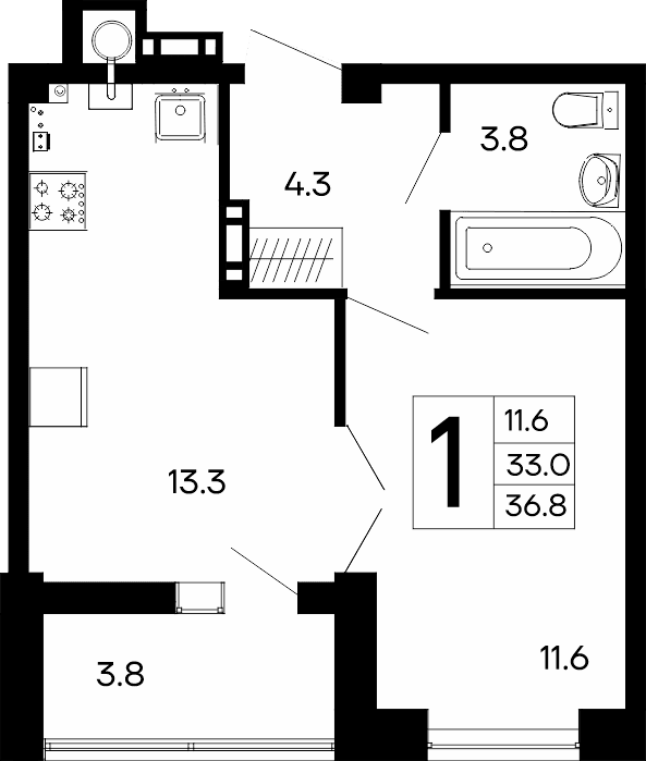 1-к, 36.8 м² · Утёсов