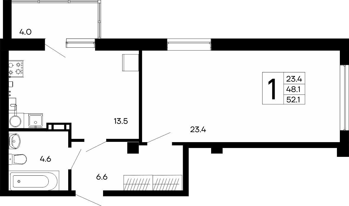 1-к, 52.1 м² · Утёсов