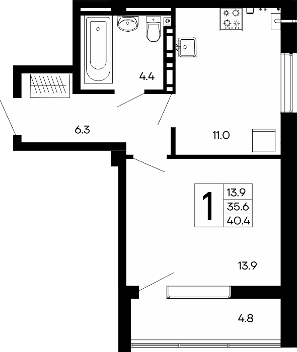 1-к, 40.4 м² · Утёсов
