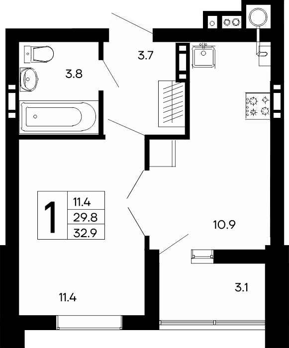 1-к, 32.9 м² · Утёсов
