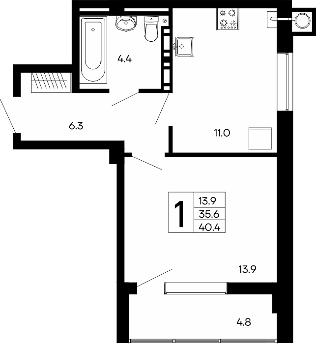1-к, 40.4 м² · Утёсов