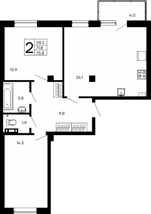 2-к, 75.8 м² · Утёсов