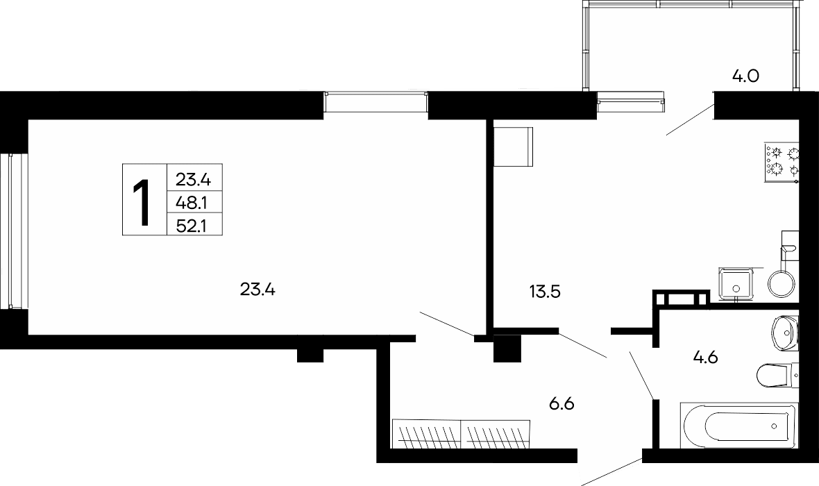 1-к, 52.1 м² · Утёсов