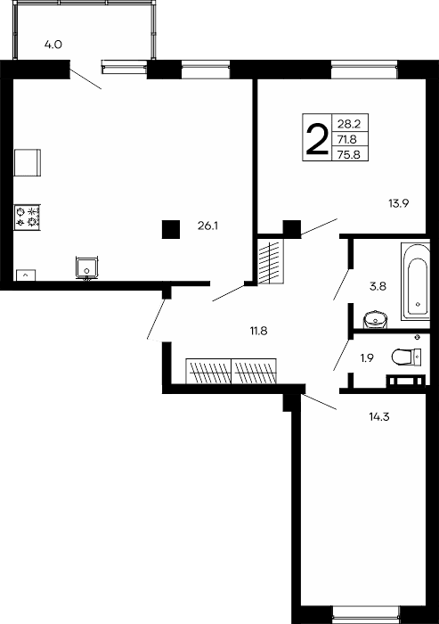 2-к, 75.8 м² · Утёсов