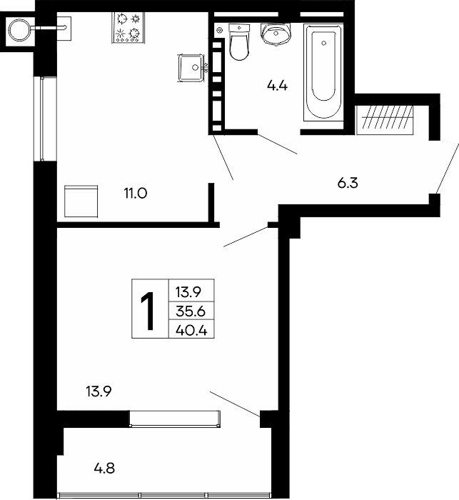 1-к, 40.4 м² · Утёсов