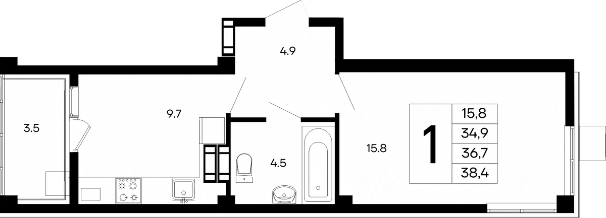 1-к, 38.4 м² · Небо