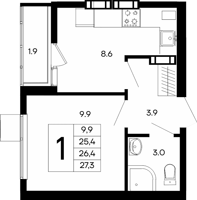 1-к, 27.3 м² · Небо