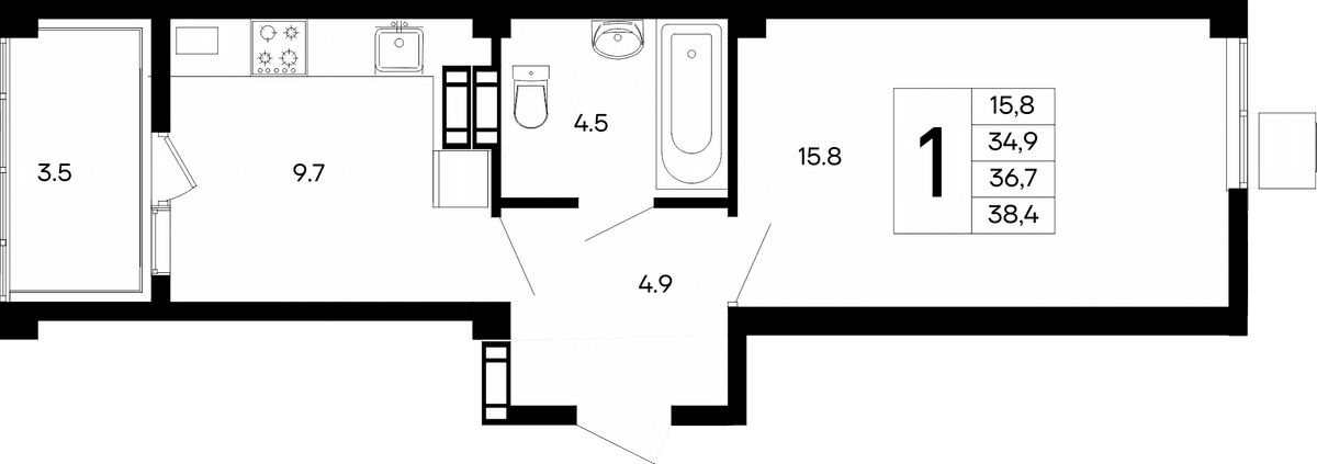 1-к, 38.4 м² · Небо