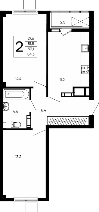 2-к, 54.3 м² · Небо