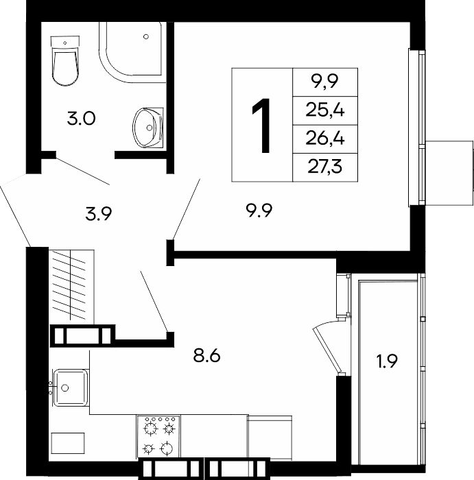 1-к, 27.3 м² · Небо