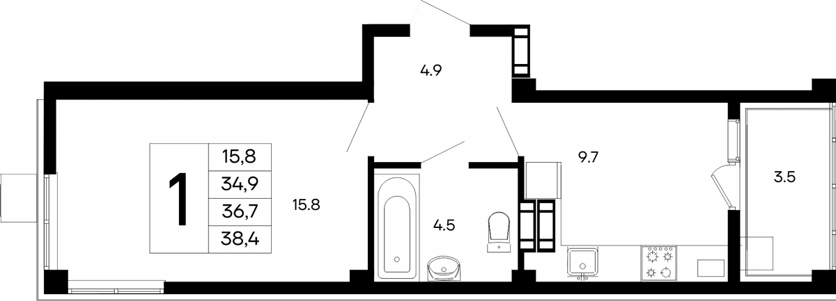 1-к, 38.4 м² · Небо