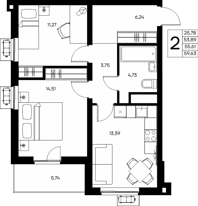 2-к, 59.63 м² · Прибрежный Дом
