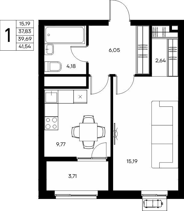 1-к, 41.54 м² · Прибрежный Дом