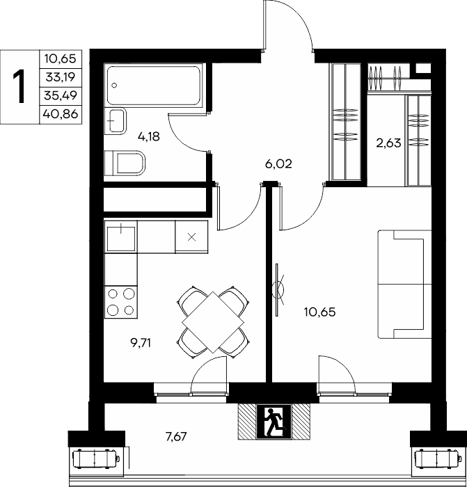 1-к, 40.86 м² · Прибрежный Дом
