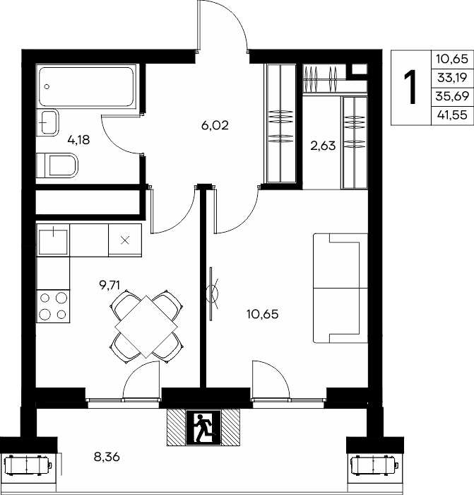 1-к, 41.55 м² · Прибрежный Дом