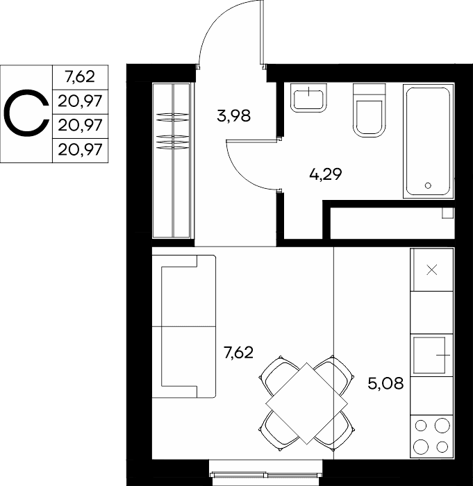 Студия, 21.79 м² · Прибрежный Дом