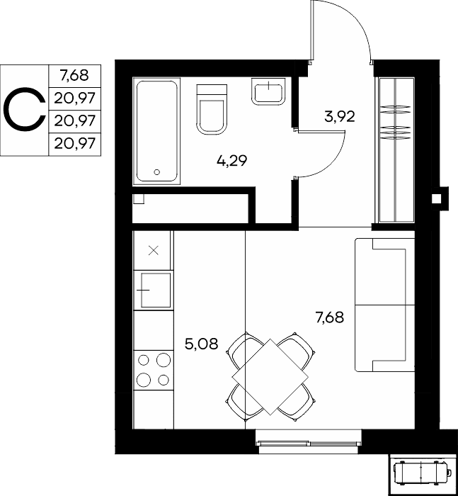 Студия, 21.79 м² · Прибрежный Дом
